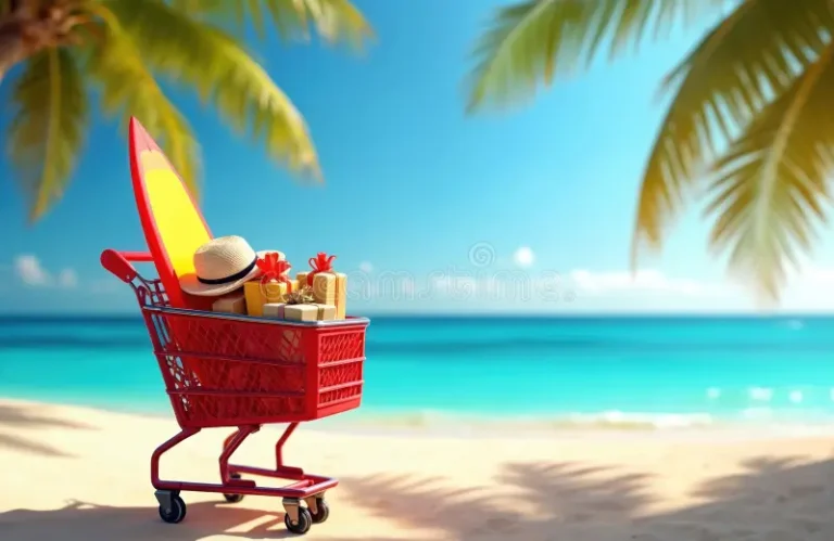 red-shopping-cart-filled-gifts-surfboard-beach-summer-sale-concept-front-ocean-sky-tropical-holiday-vacation-387295750 (1)